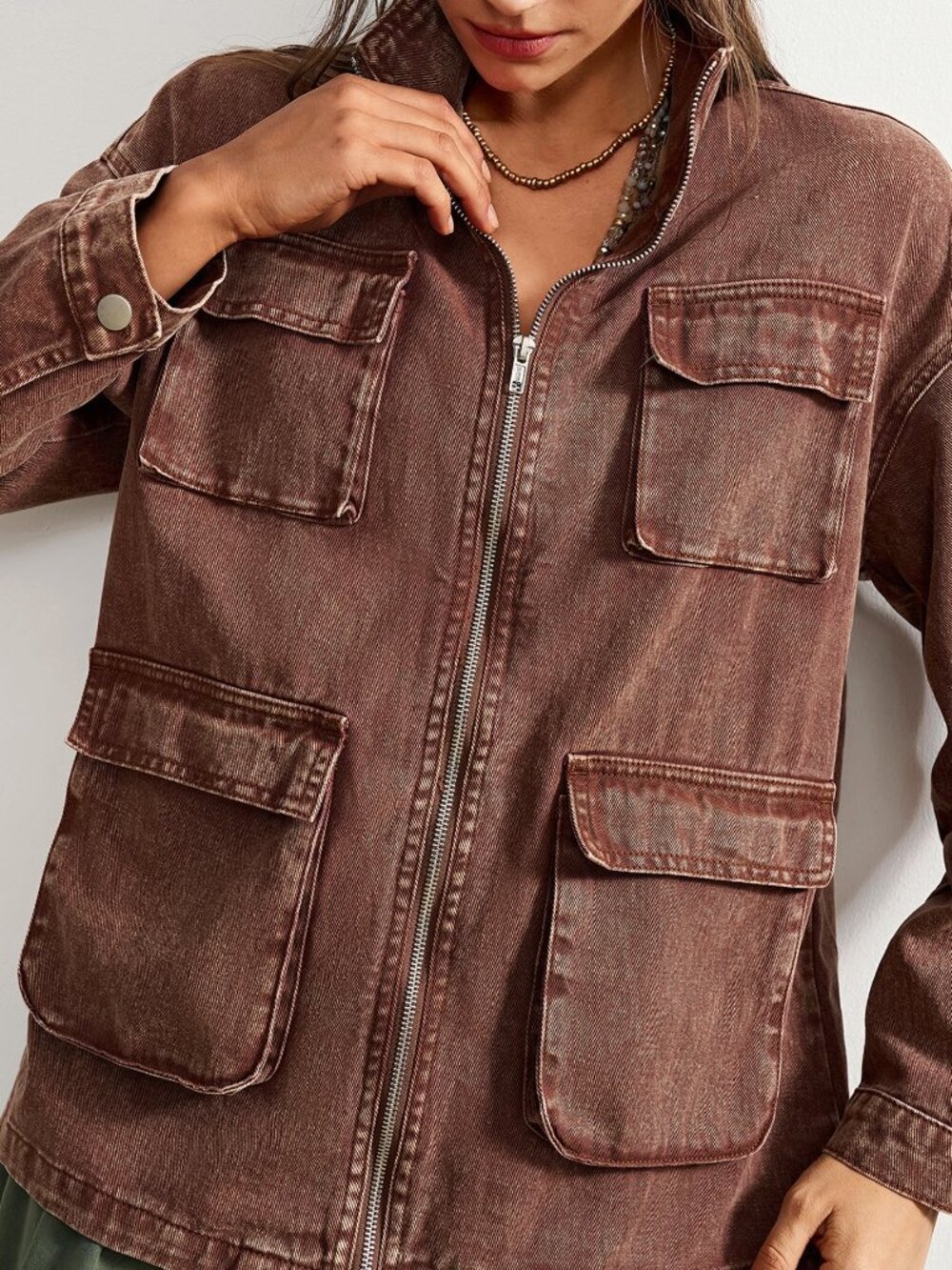 Brown Casual Women's Zipper Long Sleeve Jacket - Picture 7 of 9